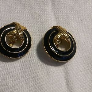 Trifari Black Enamel and Gold Tone Clip on Earrings Circle Bow